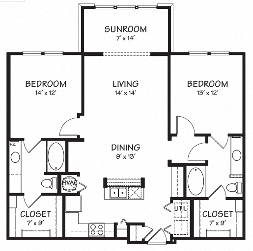 Floor plan for 2 beds, 2 baths, 1213 sqft